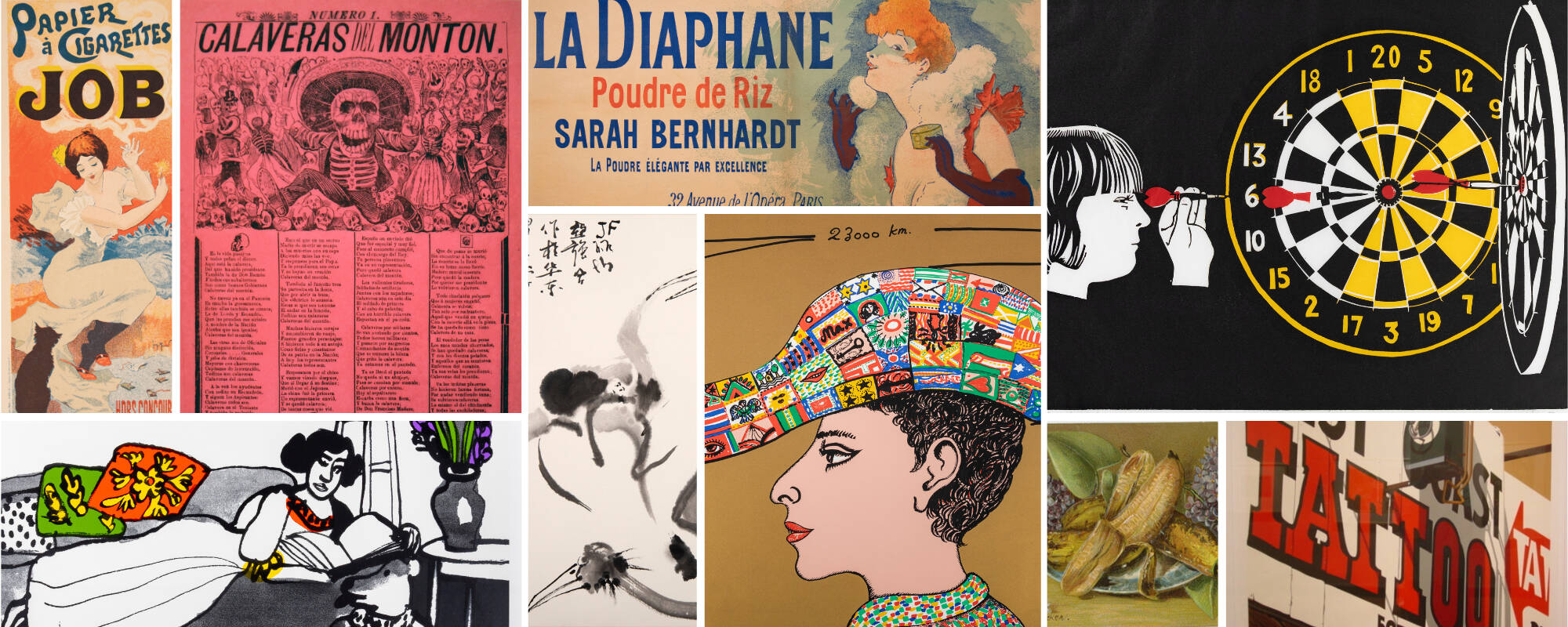 Collage of nine different images from the GVSU Art Museum Collection that represent different collections in the Print and Drawing Cabinet.